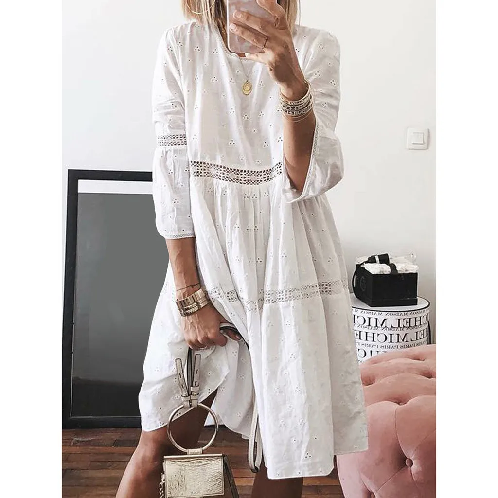 Women Boho Dress Solid O Neck Dresses Hollow Out Splice 3/4 Sleeve Mid-Long Party Dresses Casual vestidos de verano NEW