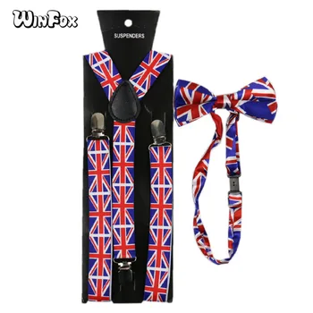 

Winfox Fashion Navy Red British Flag Suspenders Bowtie Set Women Men Suspenders Braces Bow Tie