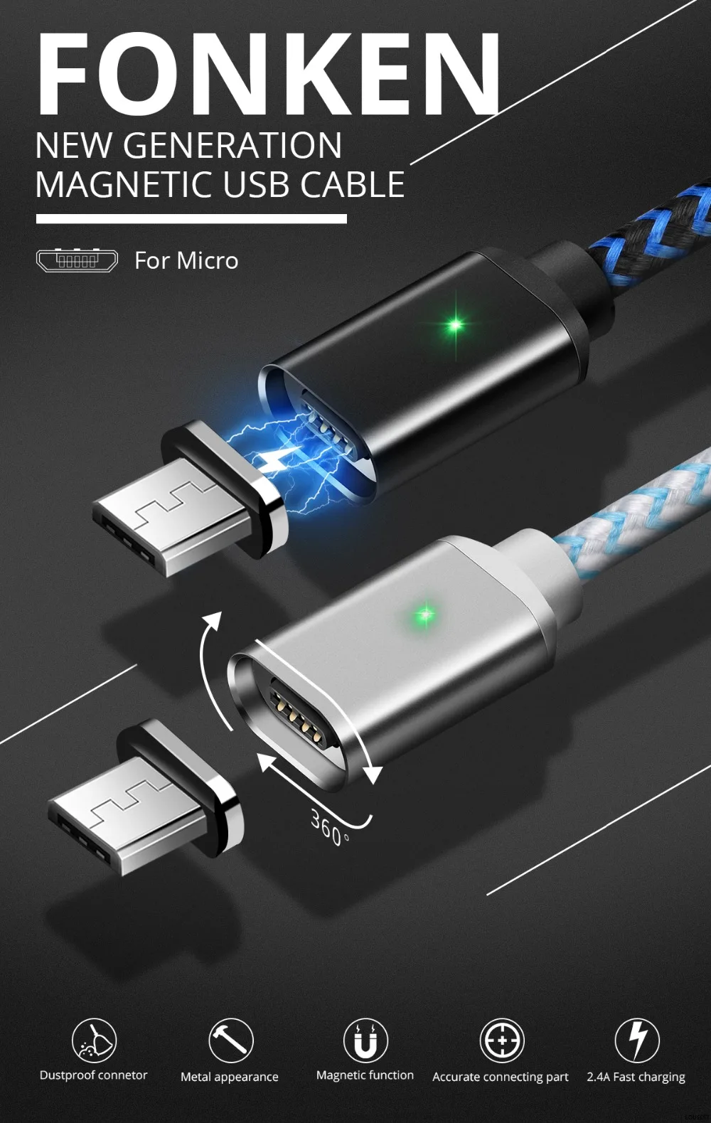 FONKEN Micro USB Магнитный кабель макс 2.4A провод для быстрой зарядки телефона магнит мини-usb кабель светодиодный кабель для синхронизации данных нейлоновый плетеный кабель