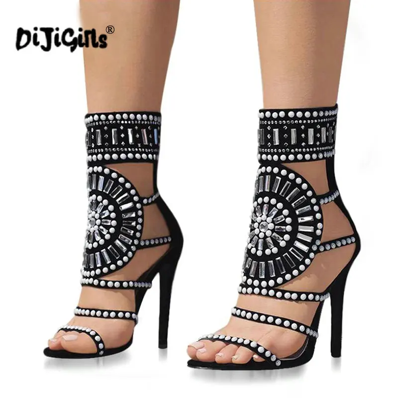 

DIJIGIRLS Women Fashion Open Toe Rhinestone Design High Heel Sandals Crystal Ankle Wrap Glitter Diamond Gladiator Black