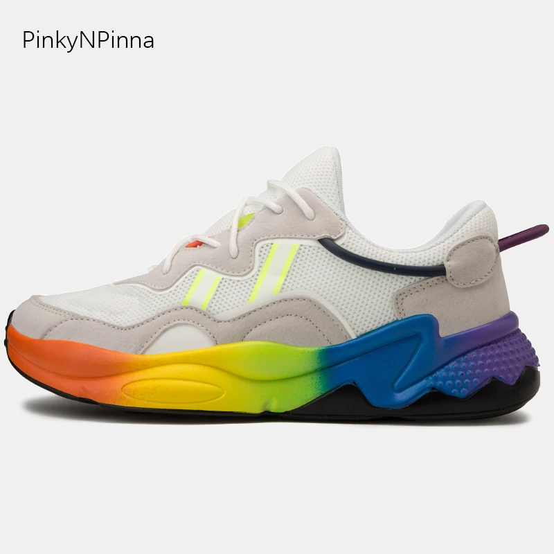 

2019 new mixed colors rainbow trendy sneakers men outdoor air mesh cross tied flat trainers breathable young casual shoes male