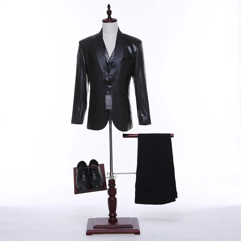 38-1    169   Fashion black stand-collar men's wedding dress and men's professional suit 3 sets (jacket + pants + vest) Custom made