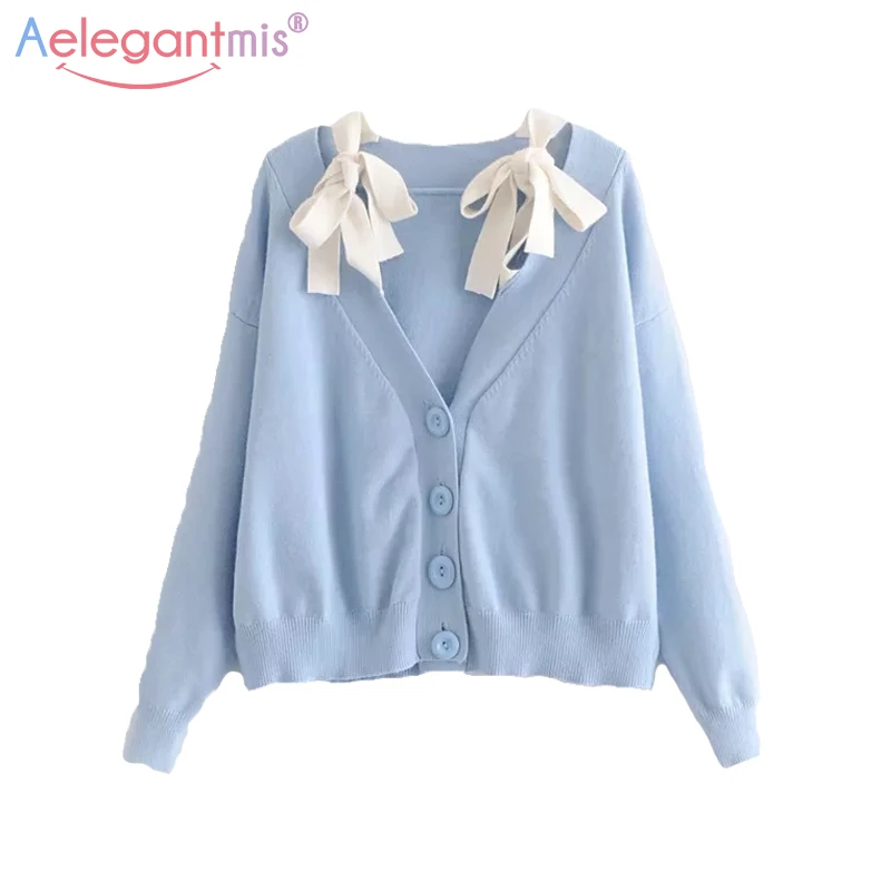 

Aelegantmis Autumn Sexy Loose V Neck Knitted Sweater Women Knitting Cardigan Sweaters Casual Cute Bowknot Long Sleeve Sweater