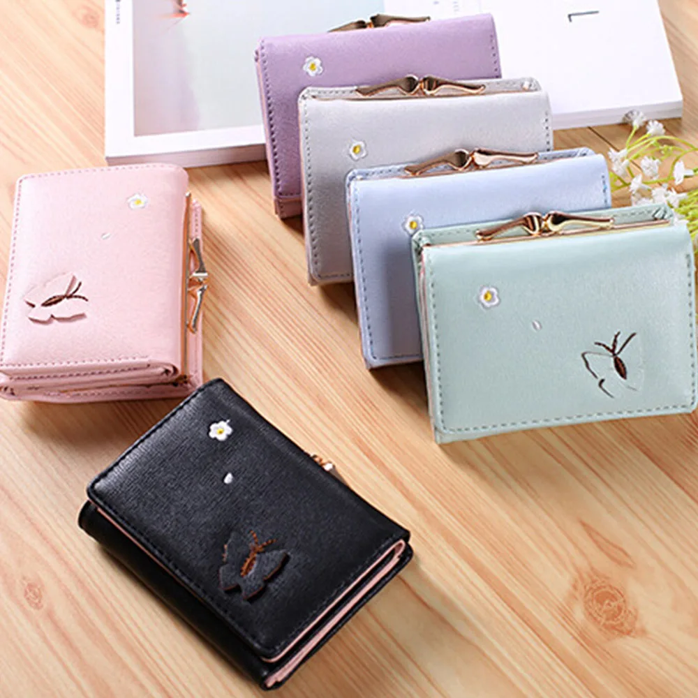 

1Pcs Lovely Butterfly Design Women Girl PU Hasp Short Wallet Lady Coin Purse Card Holder Large Capacity 11*9*2.5 cm Durable