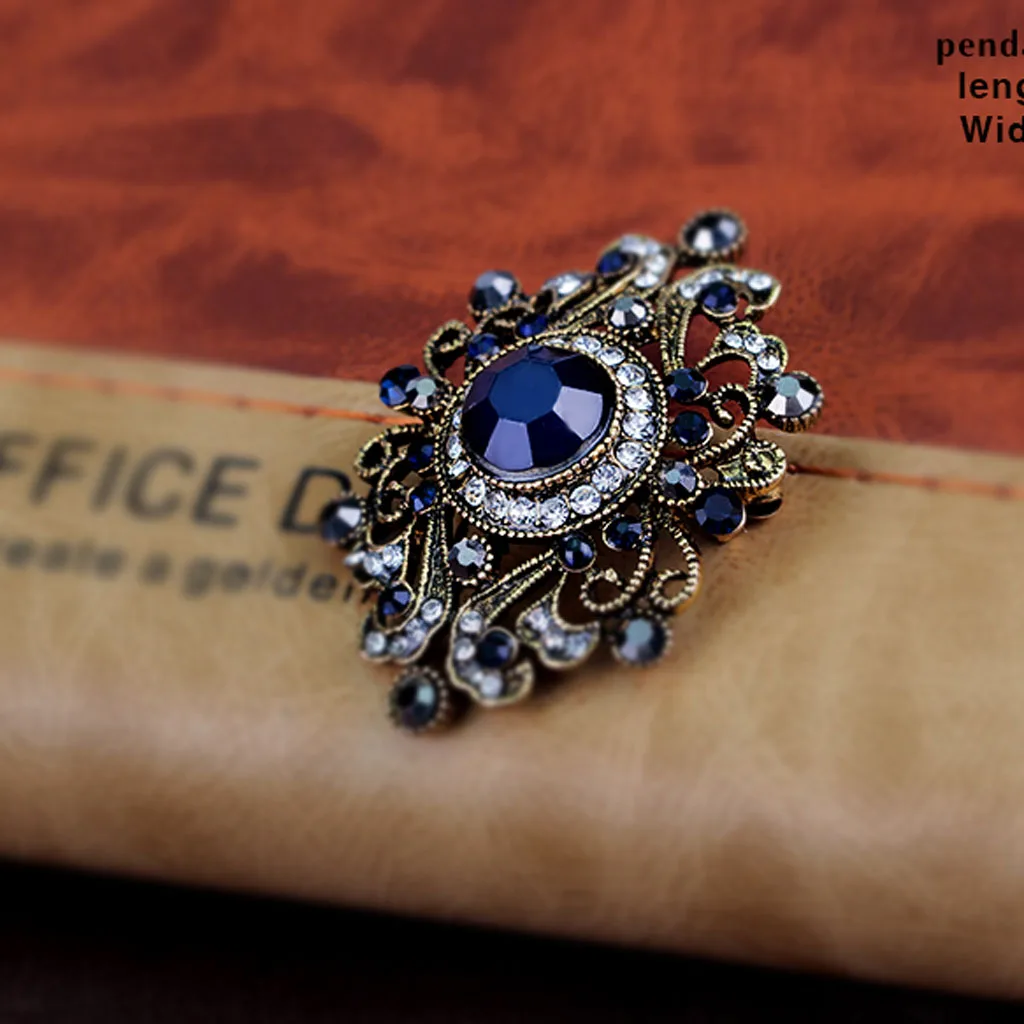 Pheovo Alloy Royal Blue Brooches Flower Rhinestone Crystals Brooch Vintage Style Broach Pins Fashion Jewelry for Women Man 