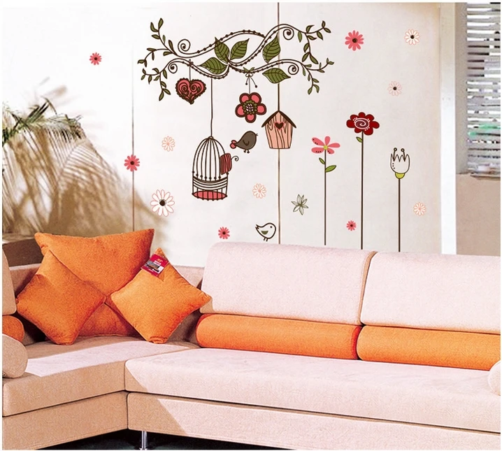 menarik burung sangkar antik wall sticker, seni dekorasi rumah mode