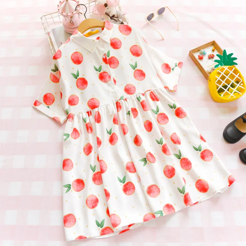 

Sweet Lolita Mori Girl Peach Printed Chiffon Dress Japanese Kawaii Short Sleeve Turn-down Collar Loose Doll Dress Young Girls