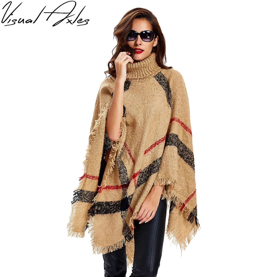 

[Visual Axles] 2017 New Fashion Women Winter Warm Wool Plaid Knitting Poncho 7 Colors Provided