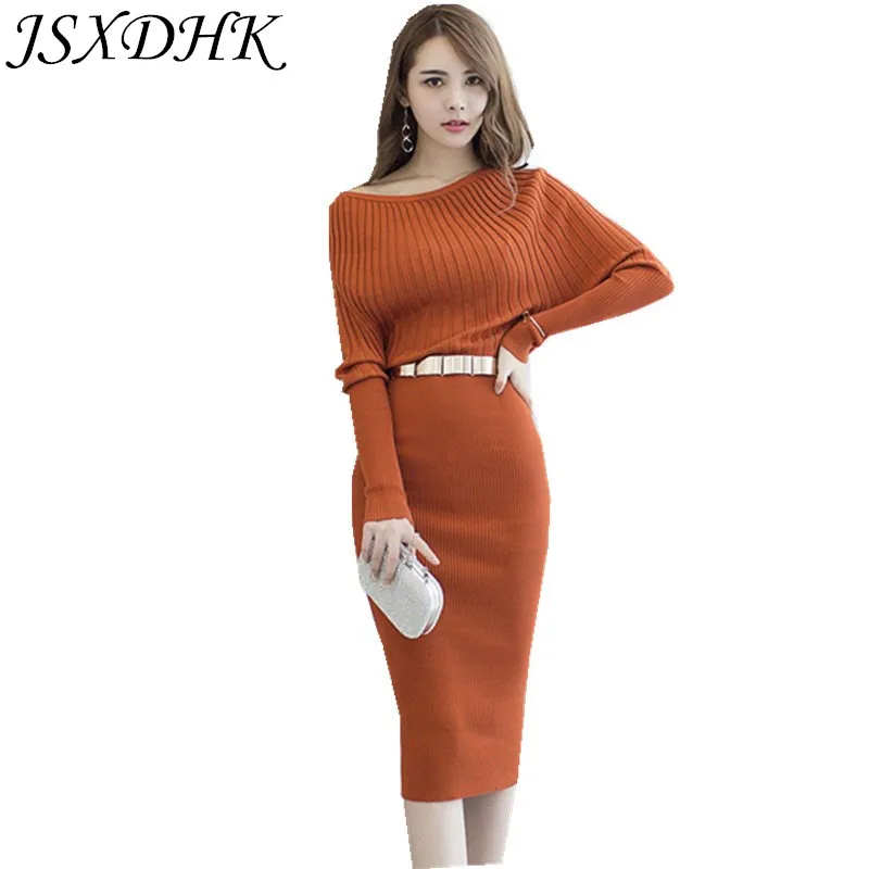 

JSXDHK Autumn Winter Pencil Knitting Dress 2018 Fashion Women Sheath Knitted Orange Batwing Sleeve Office Pencil Party Dresss