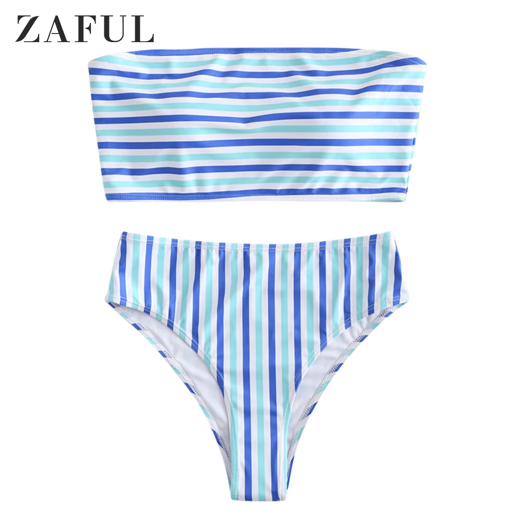 

ZAFUL Retro Sexy Striped Strapless Bikinis Set Bandeau Biquini Cut High Waist Swim Bathing Suit Swimsuit Swimwear Women Bikini