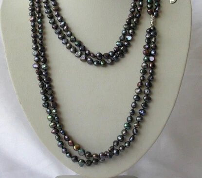 

FREE SHIPPING>>>@@ > RHJ0072 stunning long 50" 2strands 8mm baroque black freshwater pearl necklace
