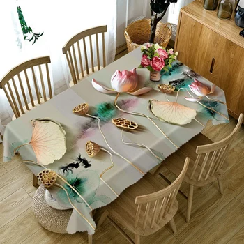 

3d Colorful Lotus Pattern Round Tablecloth Green lotus leaf Flowers Thicken Polyester Cotton Rectangular Table cloth Home Decor