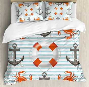 

Nautical Duvet Cover Set, Life Rings Anchor And Ropes Ocean Crabs Coastal Theme Teal Striped Print, 4 Piece Bedding Set