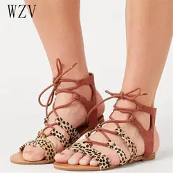Новые женские босоножки, модная летняя Женская обувь в богемном стиле, пляжные сандалии-гладиаторы на плоской подошве со шнуровкой