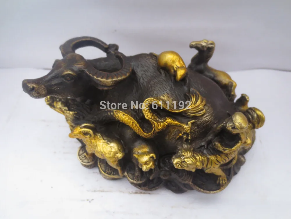 

Folk art Hand carved Bronze Gilt Zodiac sculpture, Antique Home decoration Bull statue,Unique Gift