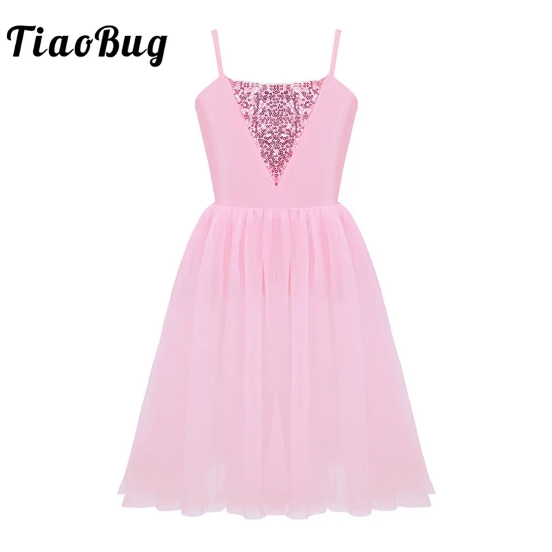 

TiaoBug Kids Teens Spaghetti Straps Sequins Mesh Ballet Tutu Dress Girls Gymnastics Ballet Leotard Stage Lyrical Dance Costumes