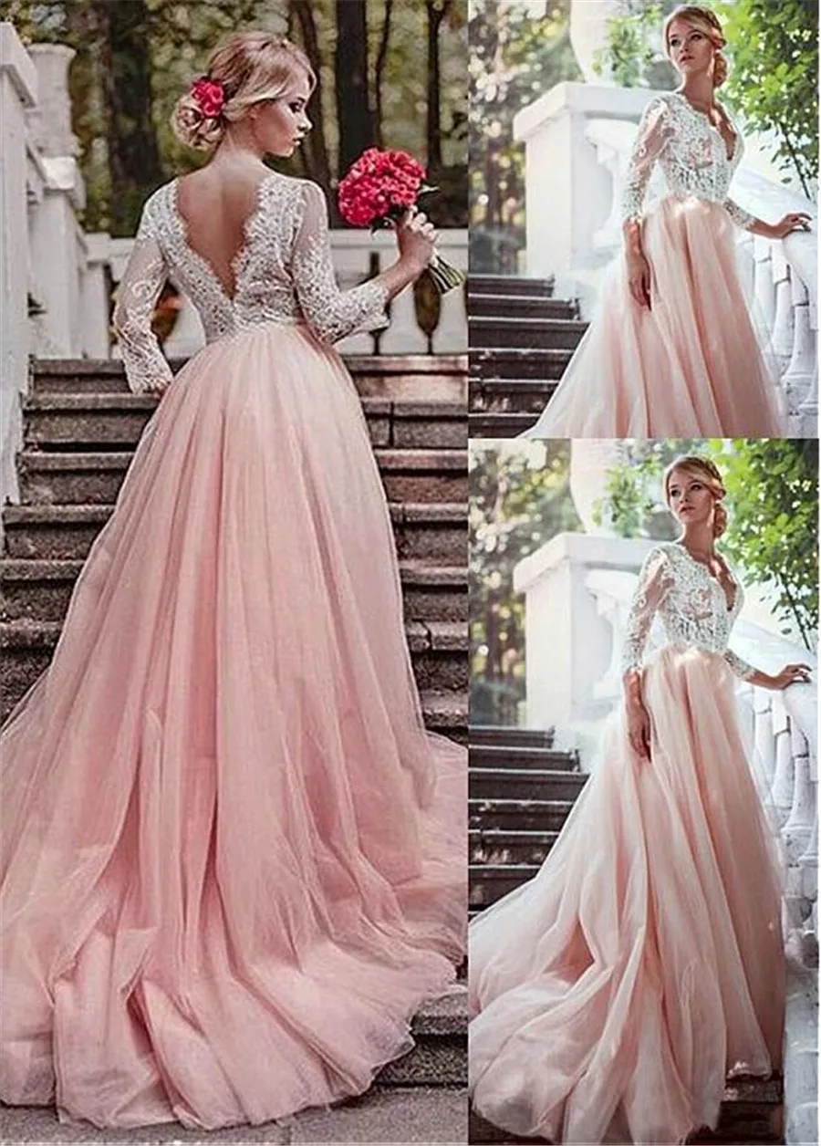 Romantic Tulle V neck Neckline Illusion Sleeves A Line Wedding Dresses