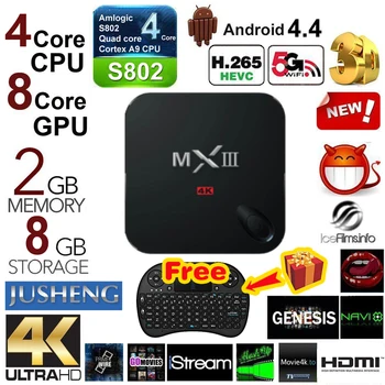 

JUSHENG [Free I8 keyboard] MXIII Quad Core Amlogic S812 Cortex A9 2GB/8GB Android 4.4 TV Box Wifi 4K 3D Streaming Media Player