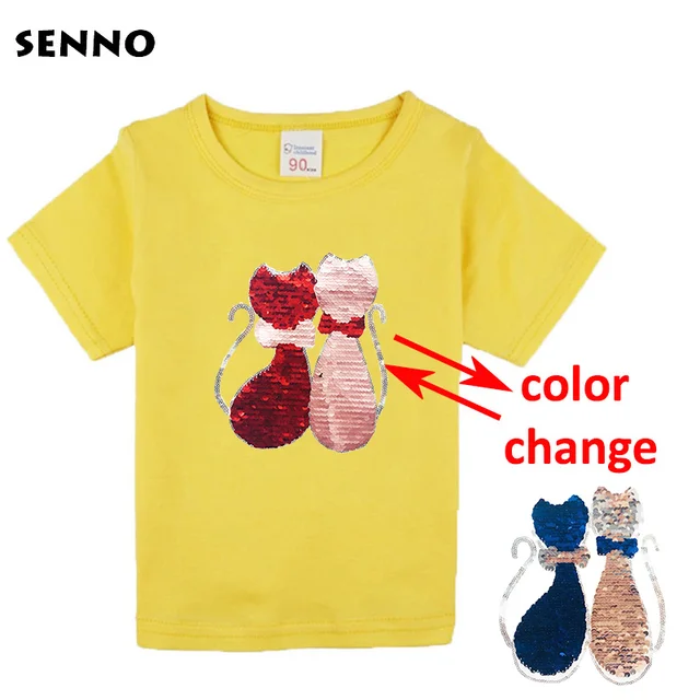 Double Sided Sequin Flash Glitter T-Shirts For Girls Sequins T Shirt Girls Cartoon Cat Kids Tshirt Summer Teen Clothes For Girls Red