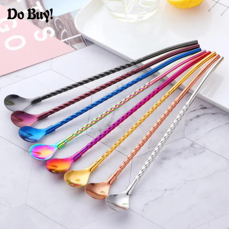 

2Pcs Long Twisted Straw Spoon Portable Eco-Friendly Tea Scoop Reusable Colored Stainless Steel Straws Cocktail Stirring Bar Tool