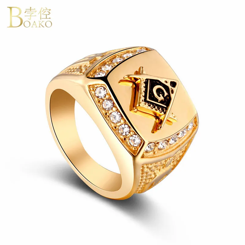 

BOAKO Freemason Masonic Ring Male Shiny CZ Crystal Free Mason Signet Rings Alloy Retro Punk Gold Ring For Men Street Jewelry