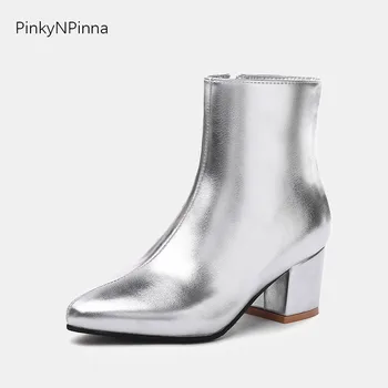 

Women shining silver ankle boots fashion square heels inside zip party dress office booties winter golden shoes plus size 44