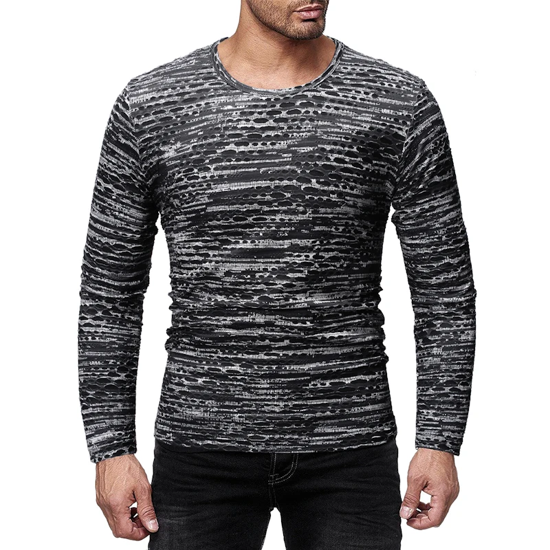 

Casual Hole Printed Man's T-shirt Loose Stripes Long Sleeve T Shirts Male O-neck Streetwear plus size M-2XL