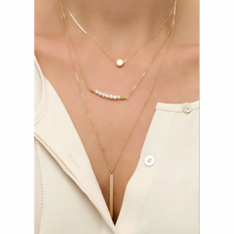 

Fashion Metal Simple Necklace Long Gold color Necklace Pendant 3 Layer Bar chain small imitation Pearl Necklace women x156