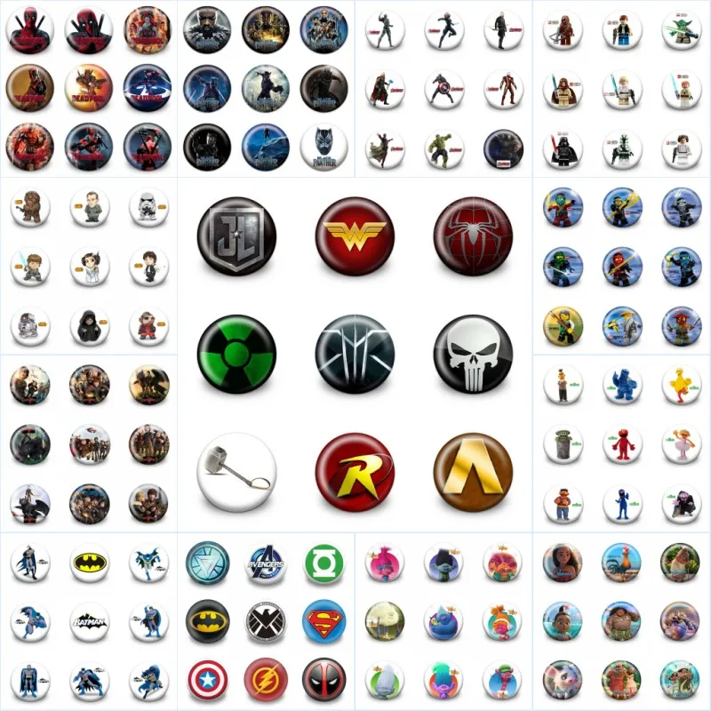 

18pcs Avenger Logo Superhero Cartoon Pins Printed Badges Round Brooch 3.0cm Buttons Decor on Bag/Coat Kid Gift Party Supply