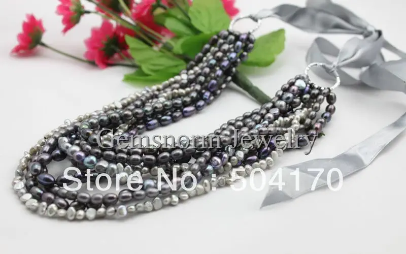 Естественный пресноводный жемчуг серый Цепочки и ожерелья роскошные 10strands Ювелирные изделия из жемчуга цена оптовой продажи fp054