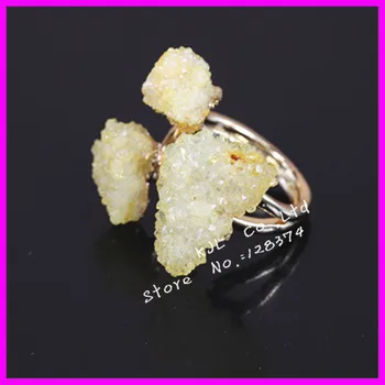 

5pcs 2015 fashion gem stone luxurious ring natural yellow crystal druzy three stone Ring Gold color for female