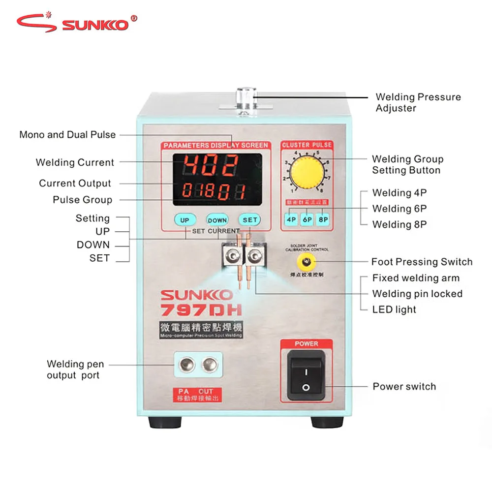 SUNKKO 797DH аккумуляторная машина для точечной сварки 3.8KW Высокая мощность сварки толщиной до 0,35 мм импульсный точечный сварочный агрегат с 70B сварочной ручкой