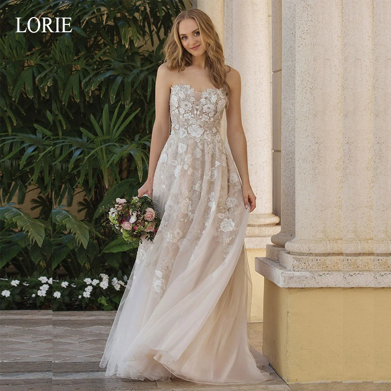 

LORIE Romantic A-Line Wedding Dress 2019 Appliques with Tulle Sleeveless Backless Bride Dresses Sweetheart Wedding Party Dress