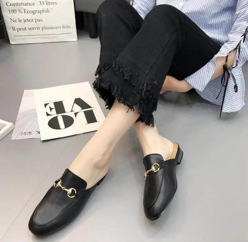 

2019 summer new European and American comfortable metal half-drag low-heeled shoes thick with sandals and slippers 41 yards