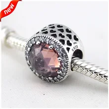 Подходит для Pandora Браслеты сияющее сердце Амулеты с розовый камень серебряные бусины 925 пробы