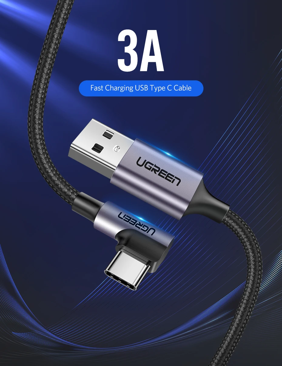 Ugreen 3A usb type C 90 градусов USB C кабель для samsung Galaxy S10 S9 Plus Xiaomi Mi 8 6 MAX 3 LG USB C кабель передачи данных для быстрой зарядки