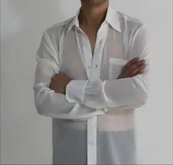S-4XL для мужчин шифон Прозрачный рубашка с длинными рукавами, гладкой прохладно, самовыращивание, гей обычно свободные рубашк