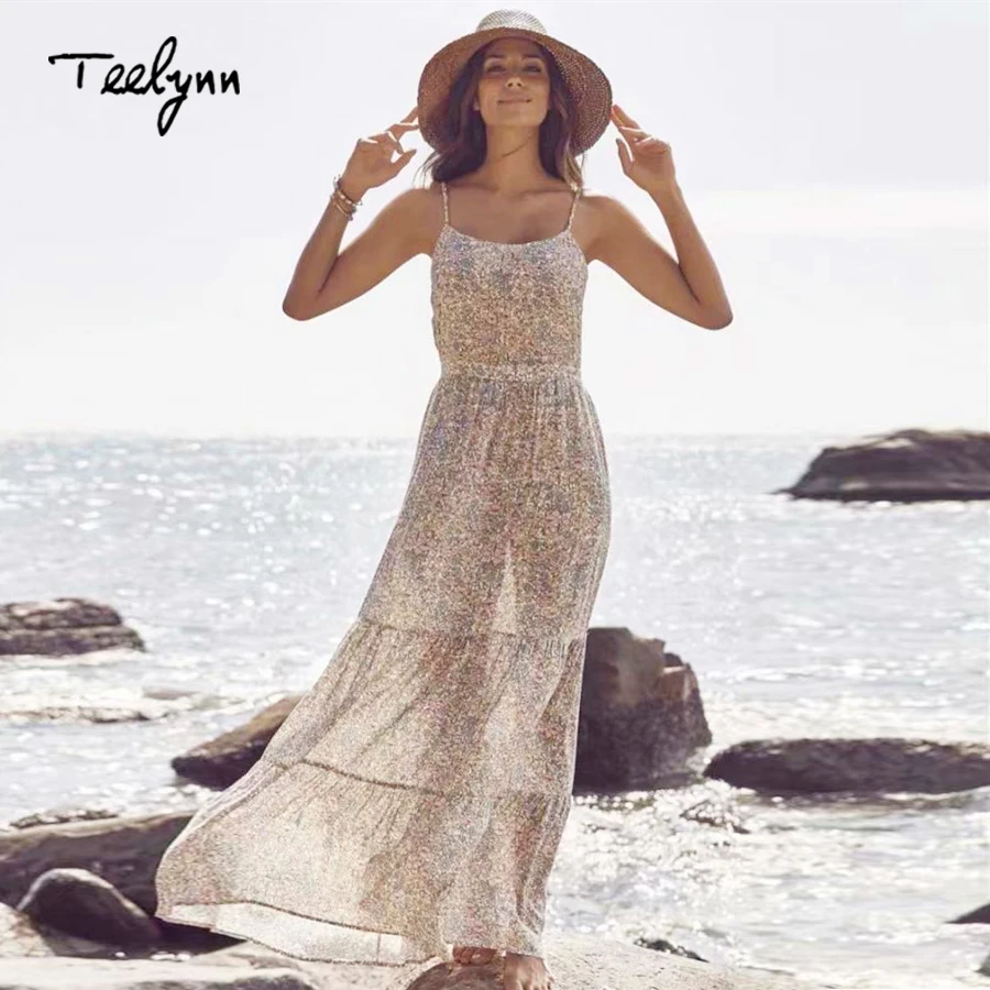 Платье TEELYNN boho с цветочным принтом сексуальное пляжное платье без рукавов на