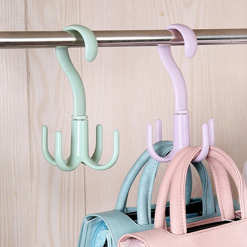

360 Degrees Rotated 4 Hooks Plastic Handbag Clothes Ties Bag Holder Shelf Hanger Hanging Rack Storage Organizer Hooks