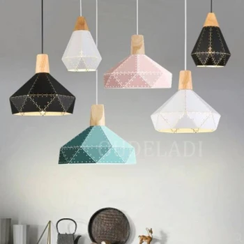 

Nordic Macarons pendant lights creative dining room lamp modern simple bedroom bar hanging lamp iron wood pendant lamp