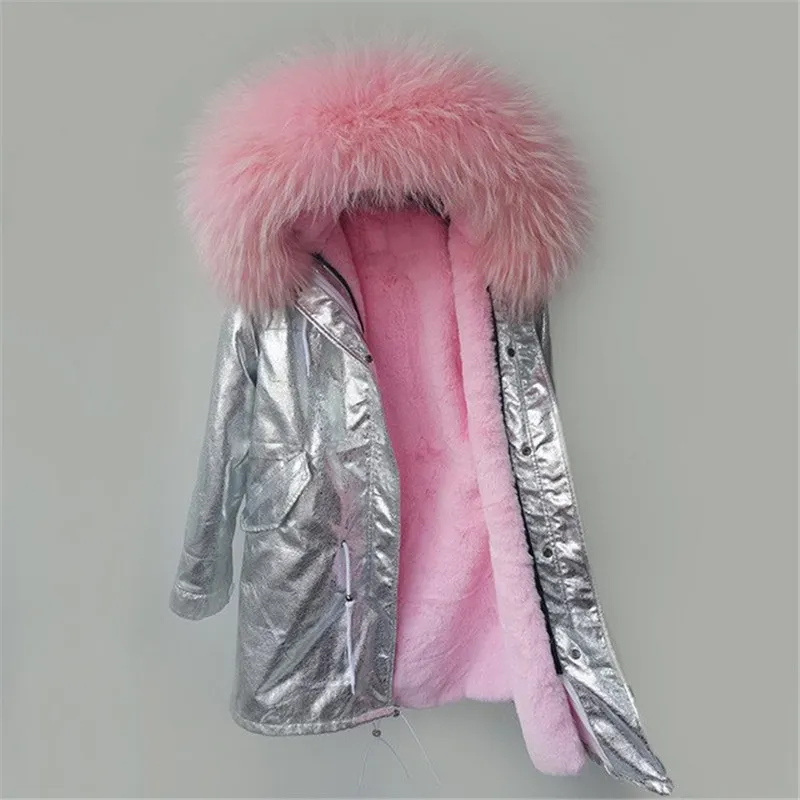 Бренд 2020 пальто с натуральным мехом новая парка серебряное из искусственной кожи