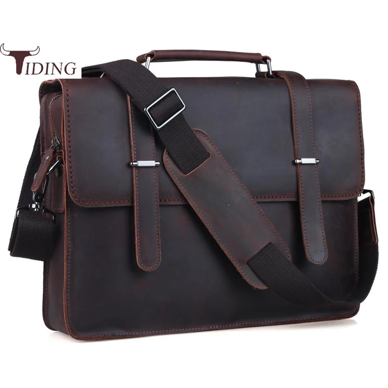 Tiding Thick Cowhide 14" Laptop Briefcase Bag Mens Flap Messenger