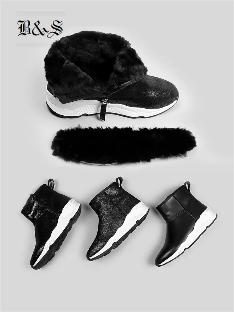 Black& Street Women Real Fur Winter snow Boots shearling causal trainer waterproof genuine leather handmade snow B