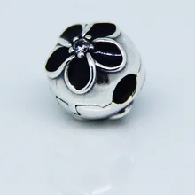 Подходит для браслетов Pandora Цветочная клипса Амулеты с черной эмалью из стерлингового серебра пробы бусины