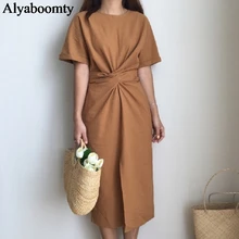 Модное женское миди платье на лето,нежное и женственное платье,хлопково льняное платье корейского стиля,повседневное платье с вырезом и бантом,песочного,коричнего, зеленого, розового, белого и темно-синего цвета