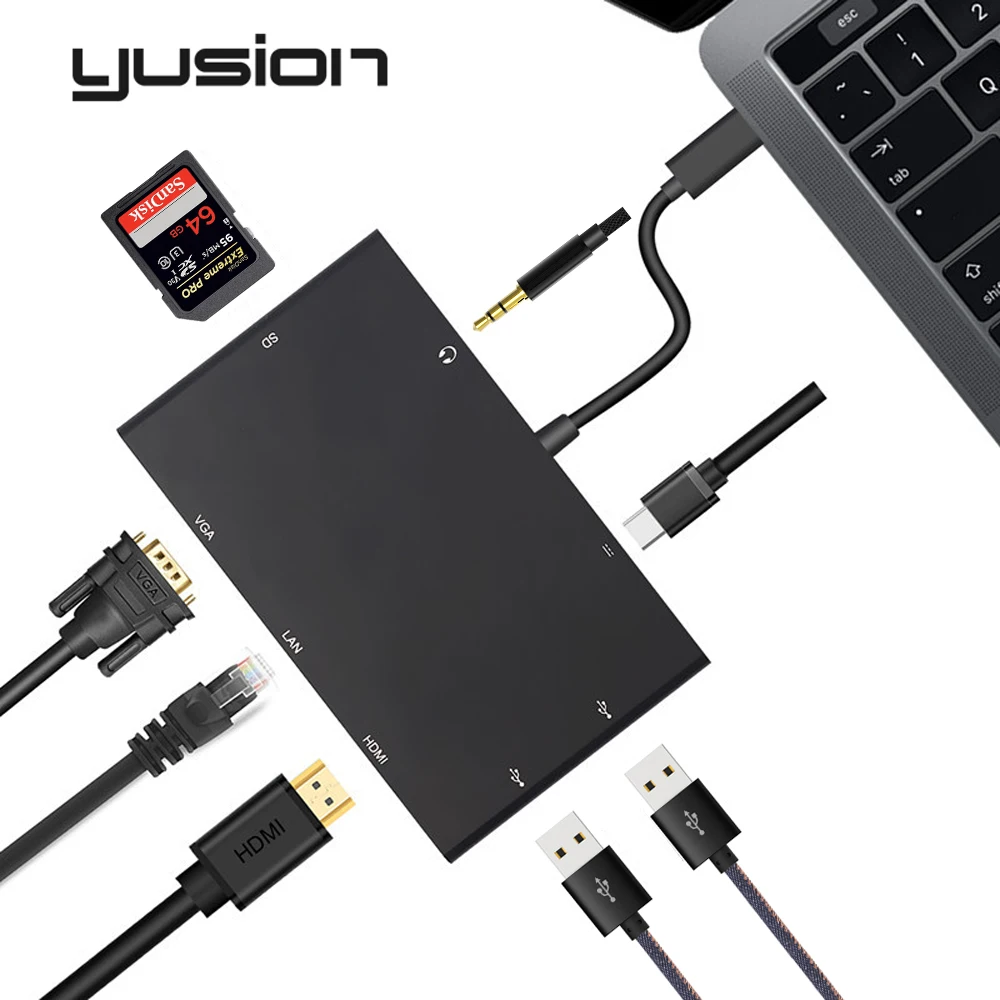 

Yusion USB C 3.1 Type-C To RJ45 Gigabit Ethernet 4K HDMI 1080P VGA Adapter WIth USB3.0 SD Audio PD Charge For Macbook Pro