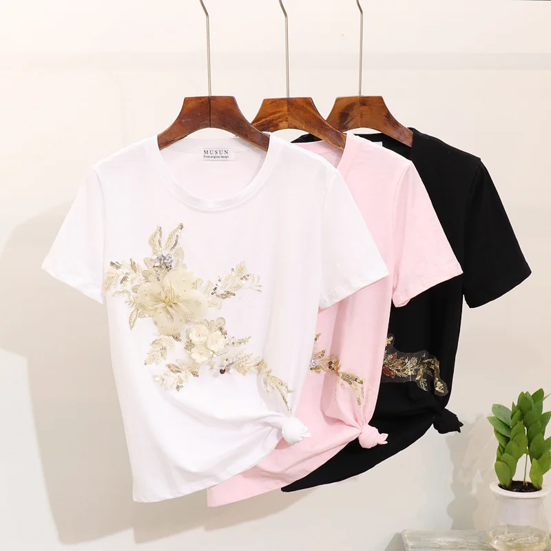 Spring Summer Tops Ladies T shirt Beading Sequin Embroidery 3D Flower Short sleeve Tees Loose Fashion Casual Tops Women Tshirt Spring Summer Tops Ladies T shirt Beading Sequin Embroidery 3D Flower Short sleeve Tees Loose Fashion Casual Tops Women Tshirt