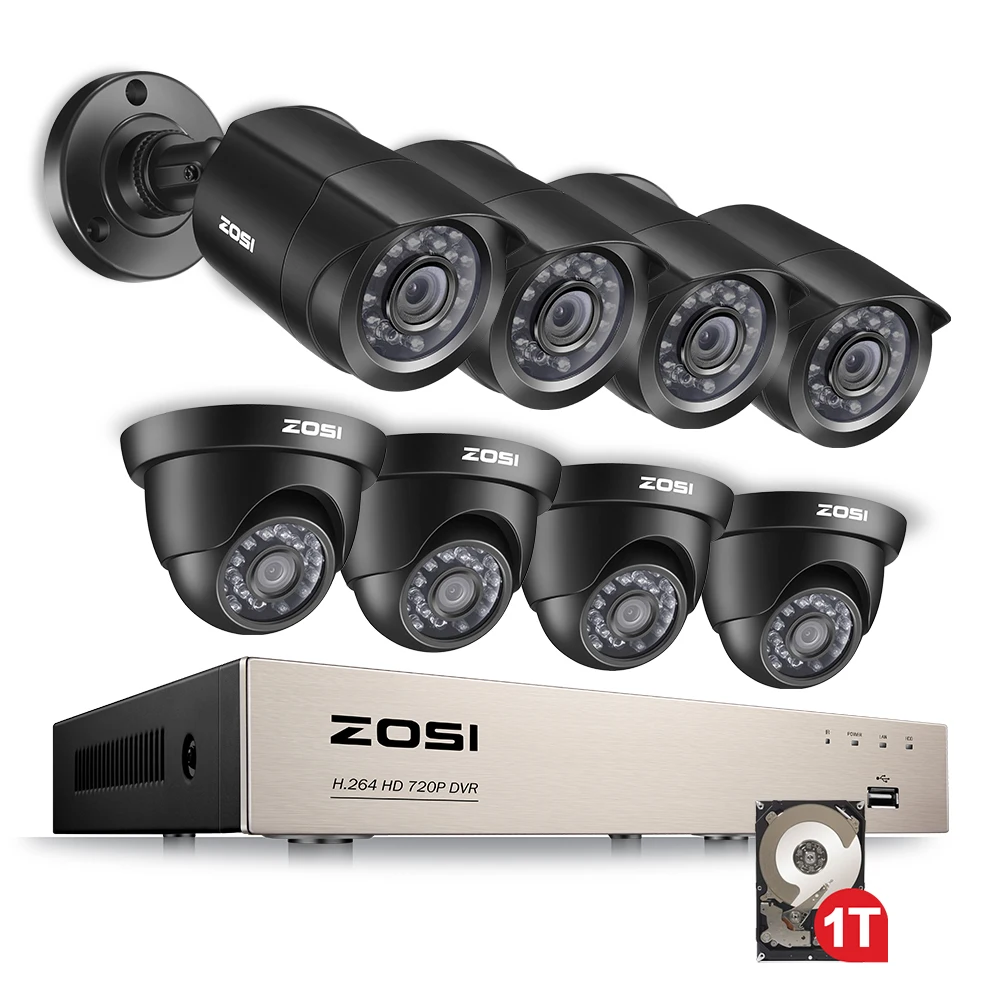 Goedkoop ZOSI 8CH 1080N TVI H.264 + 1 tb 8CH DVR 8 720 p Outdoor Bullet Dome CCTV Video Home bewakingscamera Surveillance Kits