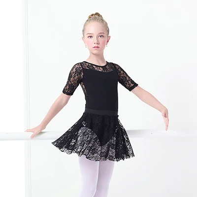 Балетное платье для девочек, гимнастические купальники, кружевные юбки, трико с длинными рукавами, гимнастический купальник для малышей, для танцев - Цвет: black half sleeve