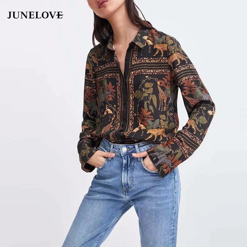 

JuneLove Women Spring Chain Animal Print Blouse Shirts Vintage Turn Down Collar Female Blouse Casual Street Wear Lady Shirts Top